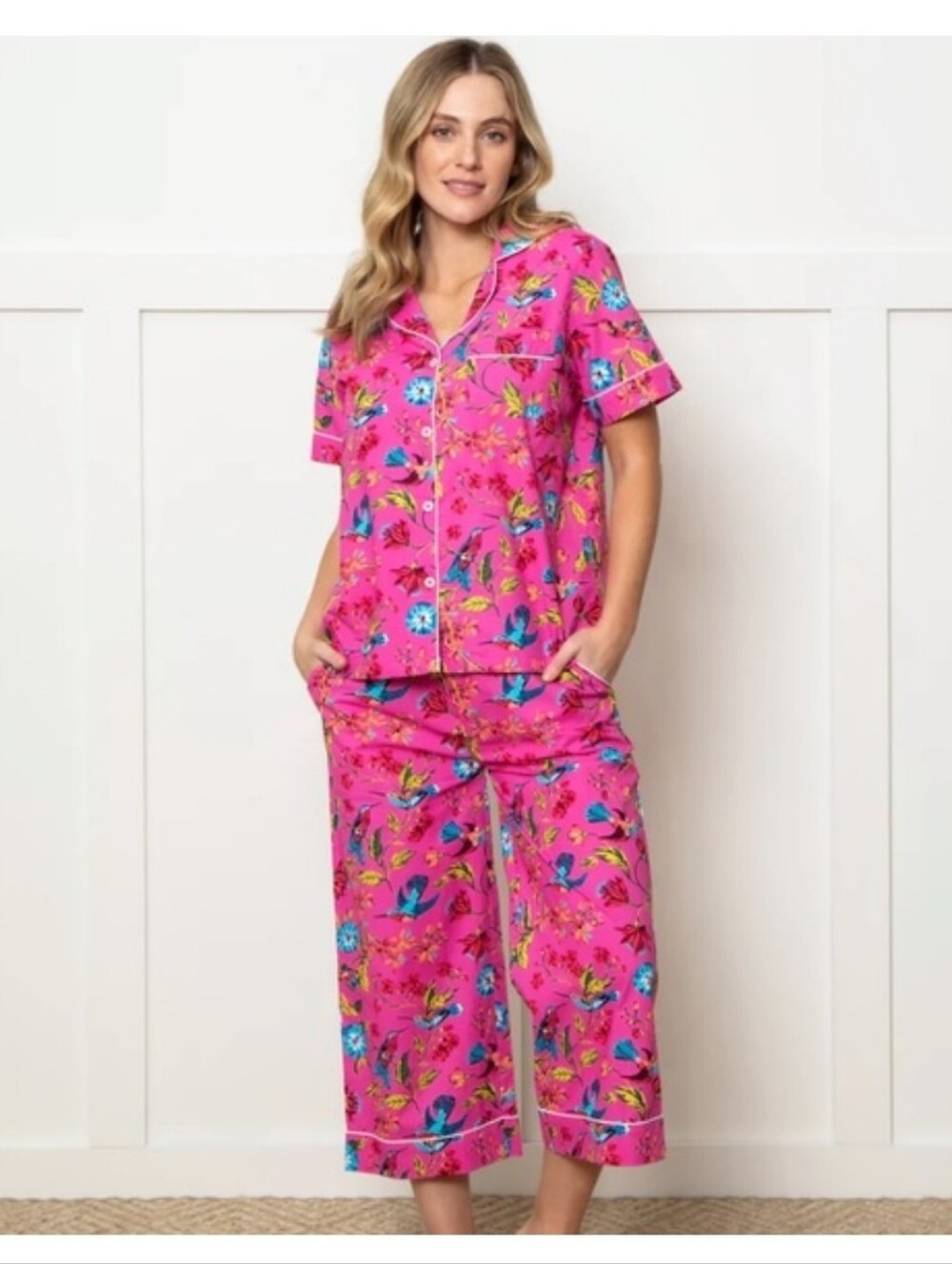 Hummingbird Haven Short Sleep Top & Cropped Pants Set Size 1X Pink Floral Anthro